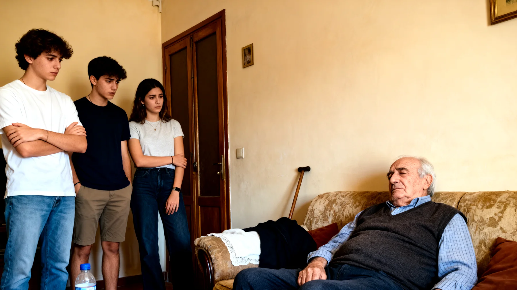 Nonno in pensione che si sente esausto e senza tempo per dedicarsi ai nipoti giovani adulti che gli chiedono sostegno emotivo ed economico, sentendosi diviso tra il proprio bisogno di riposo e il desiderio di essere presente nella loro vita"